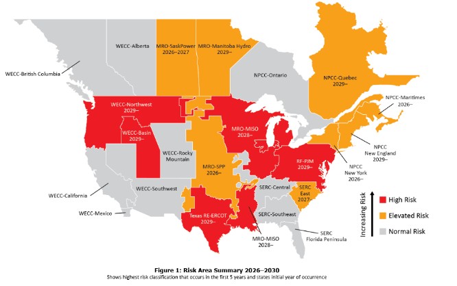 NERC Reliability Map Risk Area Summary 2026 2030